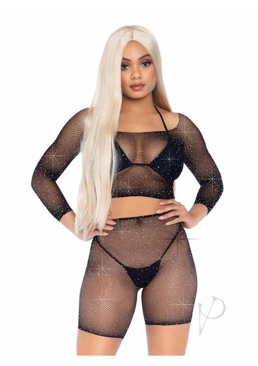 Leg Avenue Rhinestone fishnet long sleeve crop top and biker shorts (2 Piece) - O/S - Black - Chambre Rouge