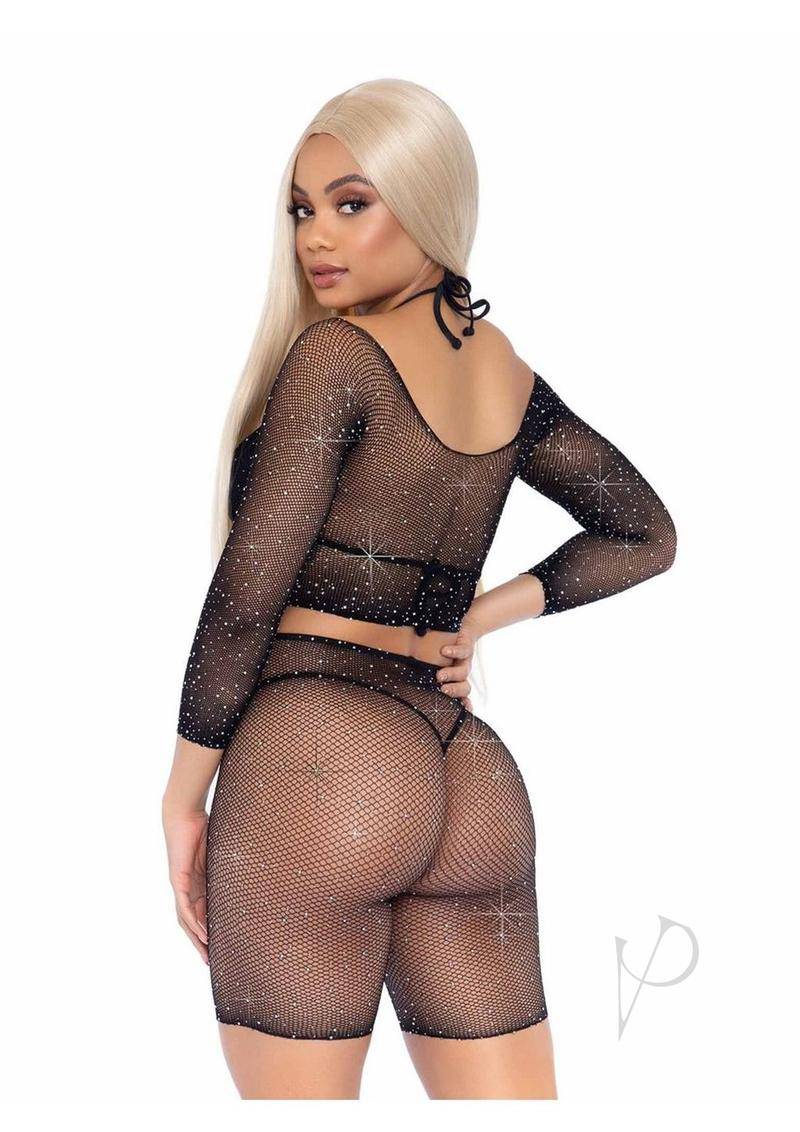 Leg Avenue Rhinestone fishnet long sleeve crop top and biker shorts (2 Piece) - O/S - Black - Chambre Rouge