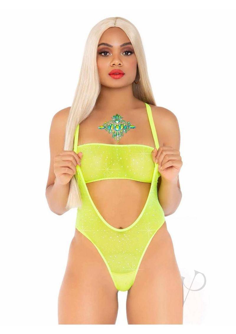 Leg Avenue Rhinestone Mesh Bandeau and Suspender Bodysuit (2 Piece) - O/S - Neon Yellow - Chambre Rouge