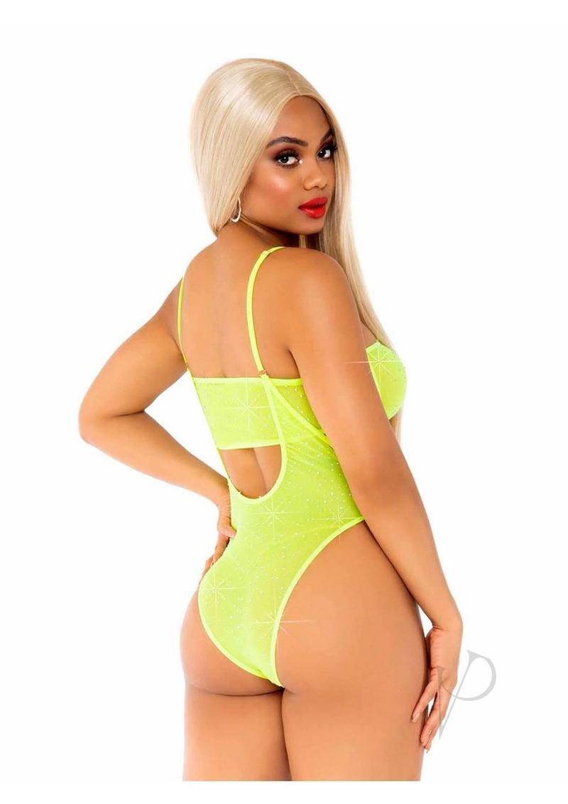 Leg Avenue Rhinestone Mesh Bandeau and Suspender Bodysuit (2 Piece) - O/S - Neon Yellow - Chambre Rouge