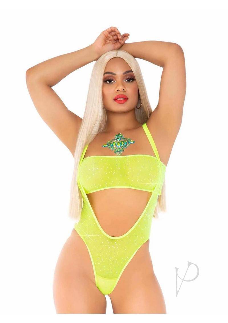 Leg Avenue Rhinestone Mesh Bandeau and Suspender Bodysuit (2 Piece) - O/S - Neon Yellow - Chambre Rouge