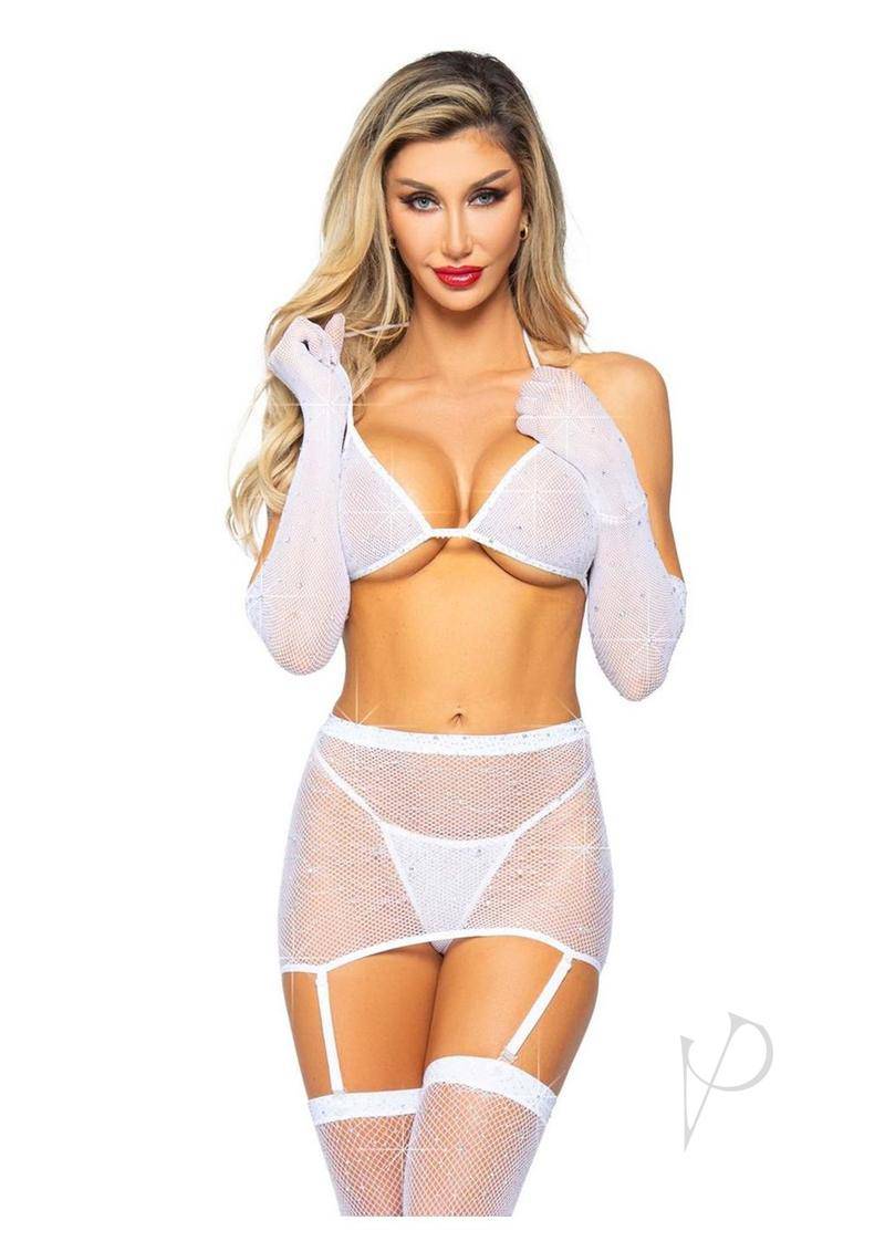 Leg Avenue Rhinestone Fishnet Garter Skirt Set with Bikini Top, G-String, Gloves, and Matching Stockings (5 Piece) - O/S - White - Chambre Rouge