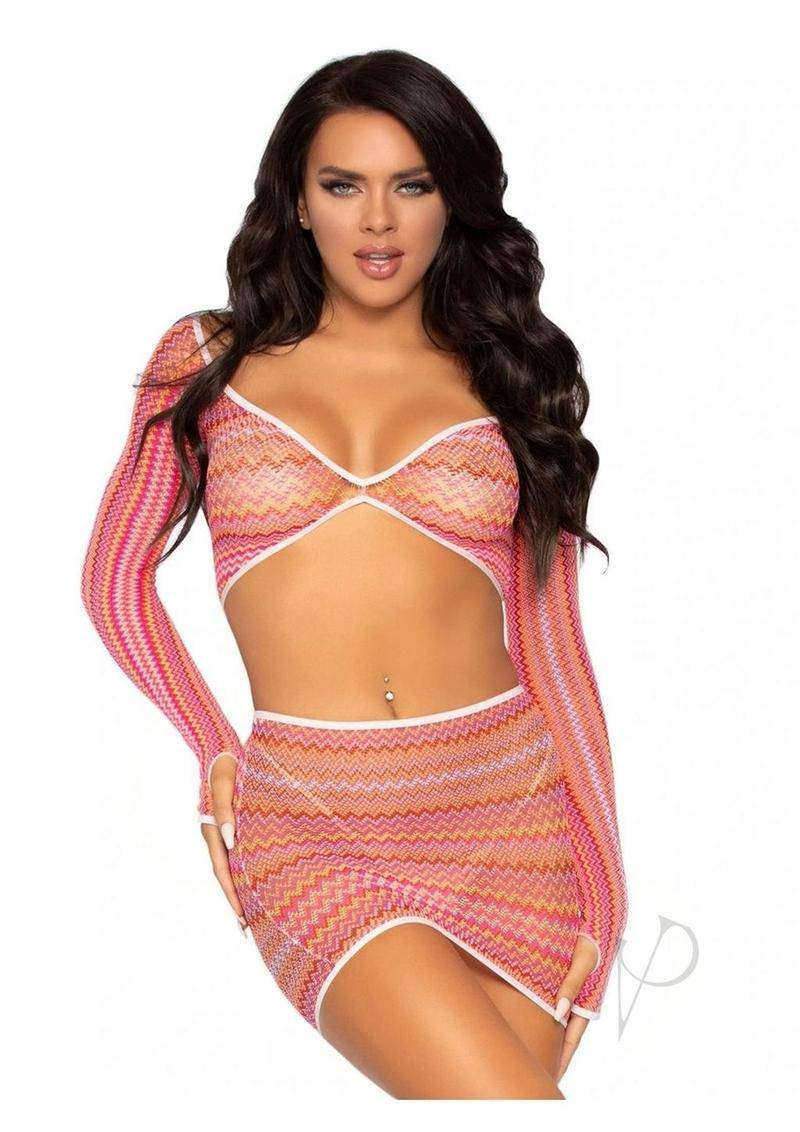 Leg Avenue Zig Zag Net Gauntlet Sleeve Crop Top and Mini Skirt (2 Piece) - O/S - Pink - Chambre Rouge