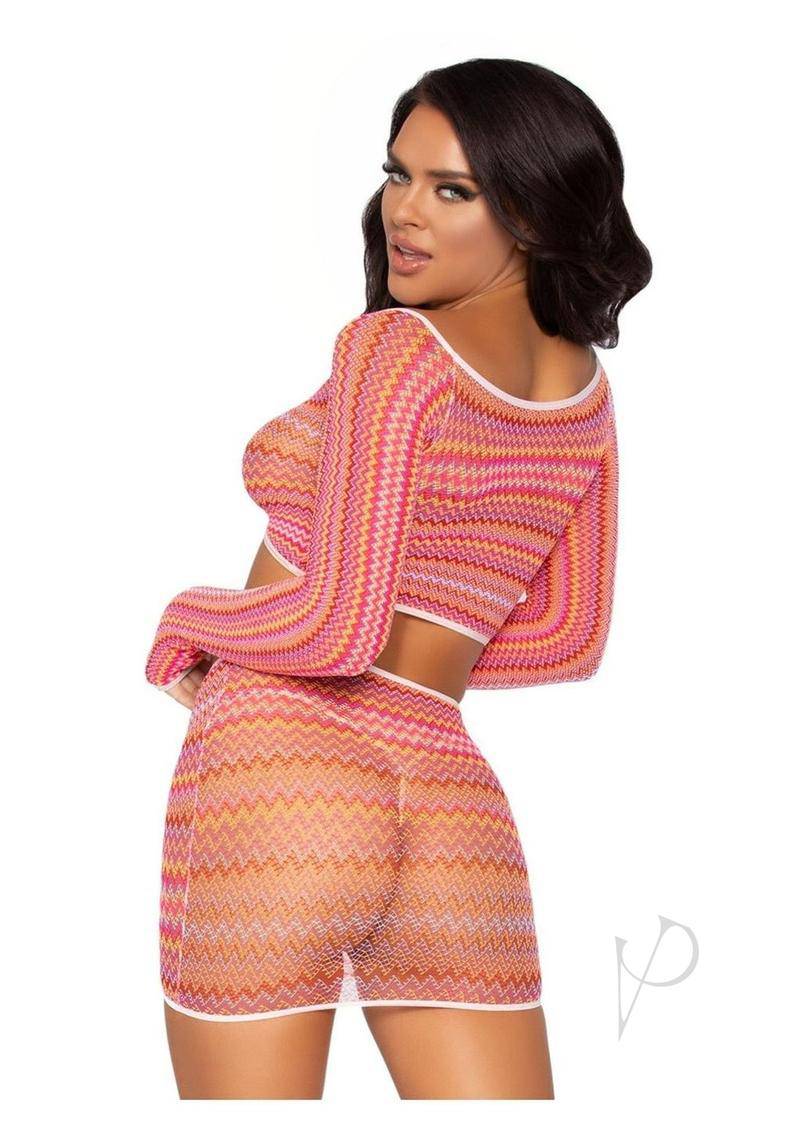 Leg Avenue Zig Zag Net Gauntlet Sleeve Crop Top and Mini Skirt (2 Piece) - O/S - Pink - Chambre Rouge