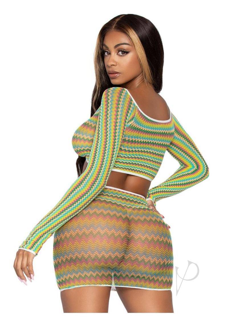 Leg Avenue Zig Zag Net Gauntlet Sleeve Crop Top and Mini Skirt (2 Piece) - O/S - Green - Chambre Rouge