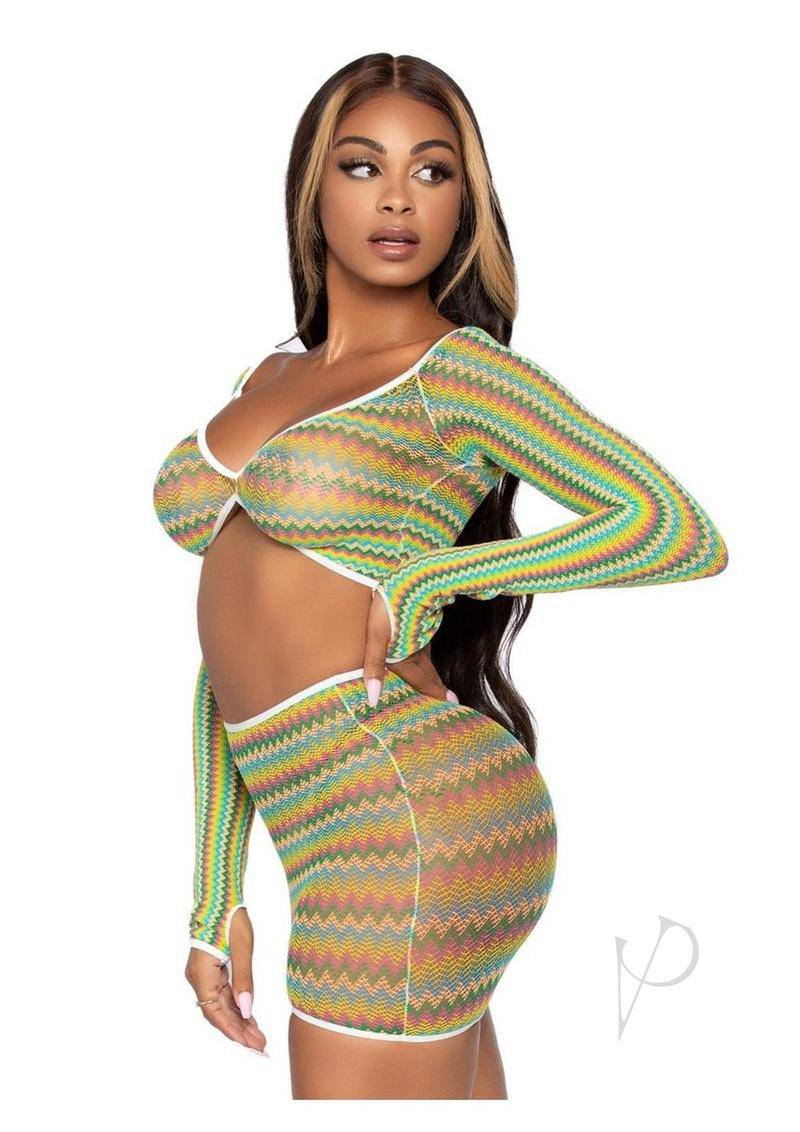 Leg Avenue Zig Zag Net Gauntlet Sleeve Crop Top and Mini Skirt (2 Piece) - O/S - Green - Chambre Rouge