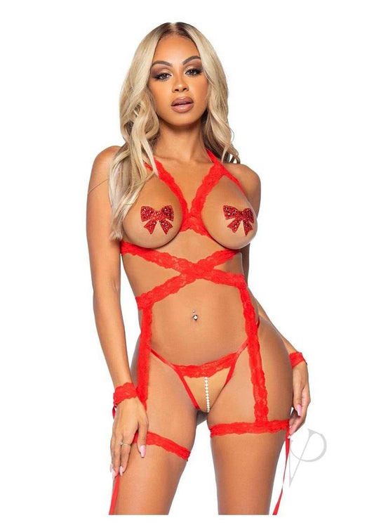 Leg Avenue Lace Halter Cami Garter with Open Cups, Crotchless Pearl G-String, and Lace Restraint Cuffs (3 Piece) - O/S - Red - Chambre Rouge