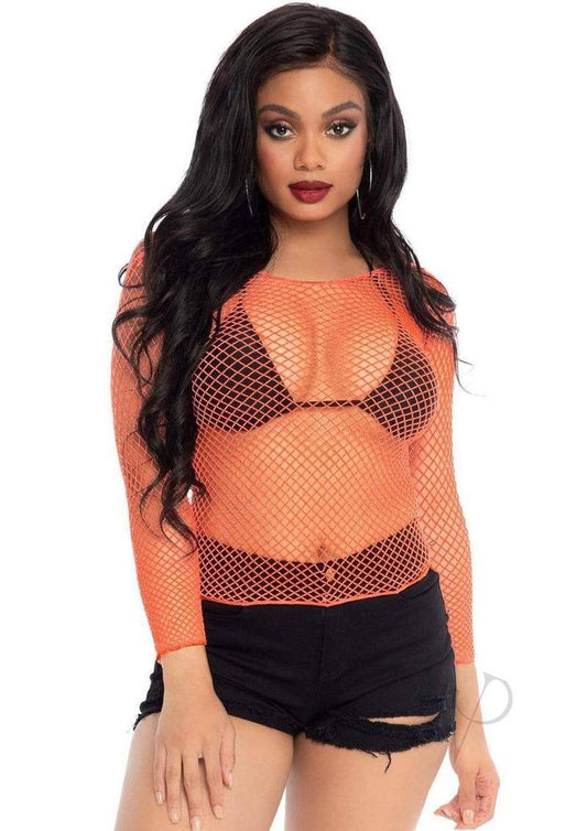 Leg Avenue Spandex Long Sleeved Industrial Net shirt - O/S - Coral - Chambre Rouge