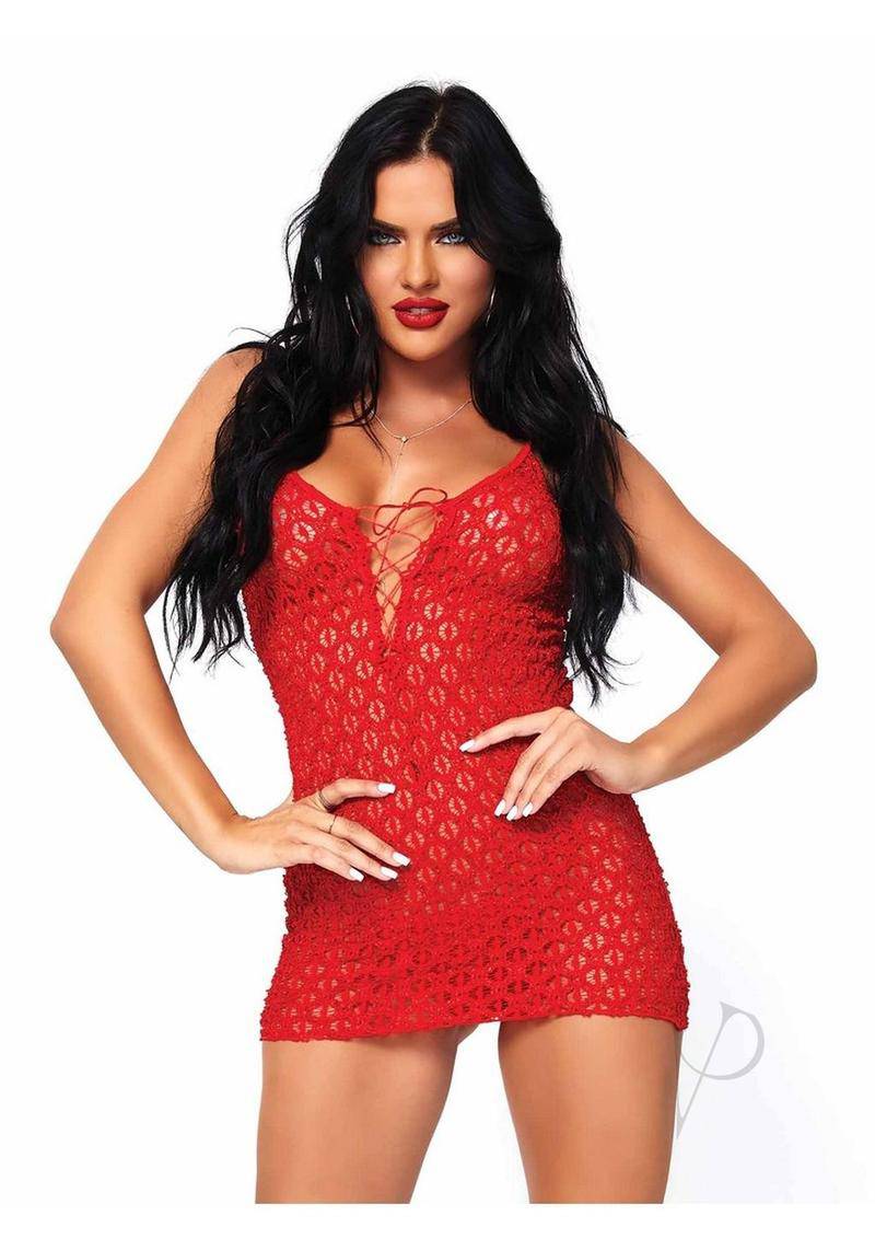 Leg Avenue Mini Dress with Lace Up Front & G-String - O/S - Red - Chambre Rouge