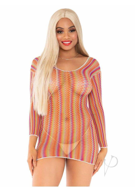 Zig Zag Rainbow Net Long Sleeve Mini Dress - O/S - Multicolor - Chambre Rouge