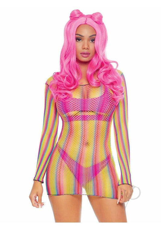 Rainbow Fishnet Long Sleeve Mini Dress - O/S - Multicolor - Chambre Rouge