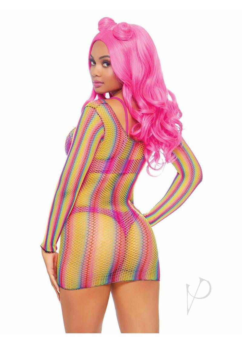 Rainbow Fishnet Long Sleeve Mini Dress - O/S - Multicolor - Chambre Rouge