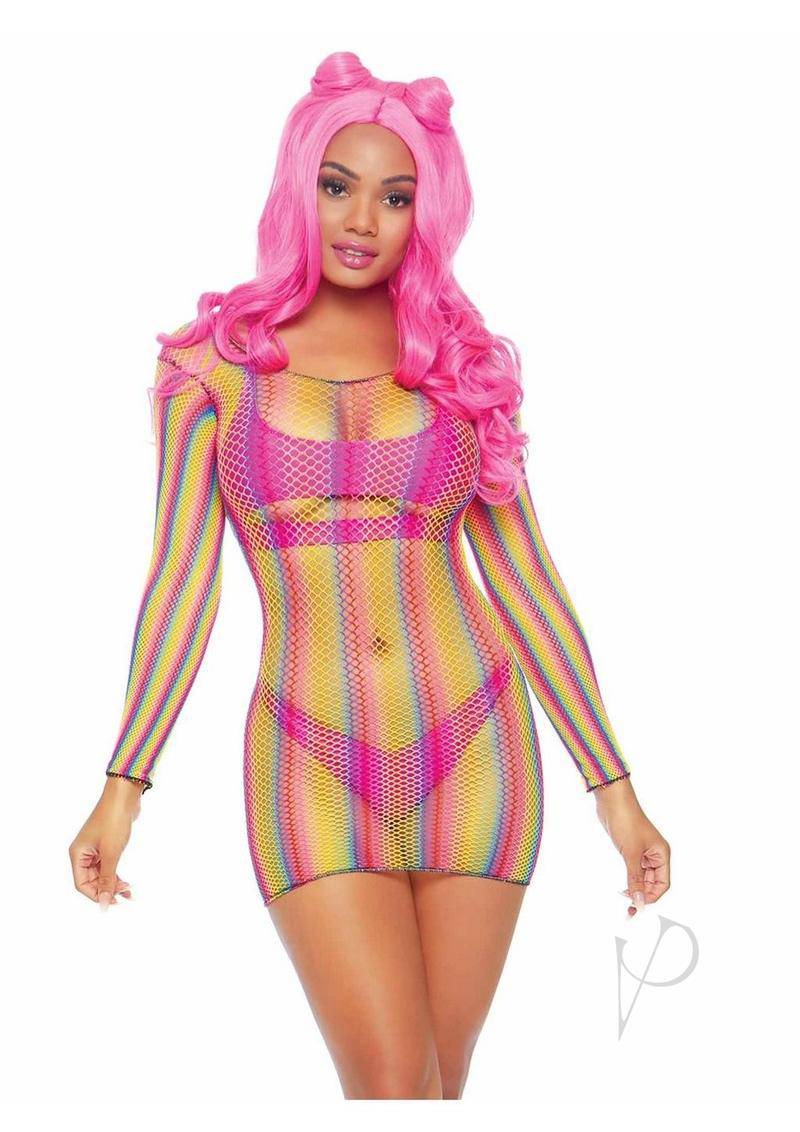 Rainbow Fishnet Long Sleeve Mini Dress - O/S - Multicolor - Chambre Rouge