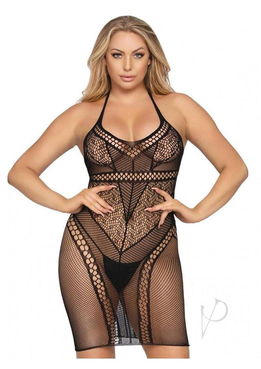 Leg Avenue Multi Net Halter Mini Dress. - O/S - Black - Chambre Rouge