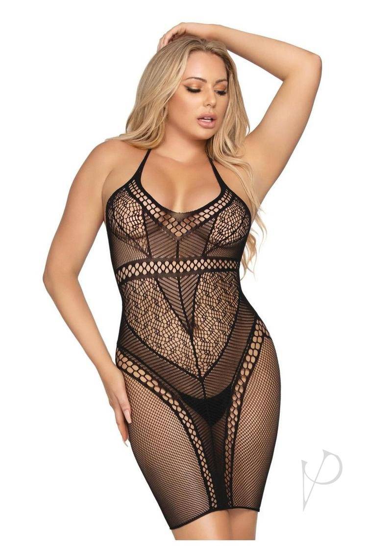 Leg Avenue Multi Net Halter Mini Dress. - O/S - Black - Chambre Rouge