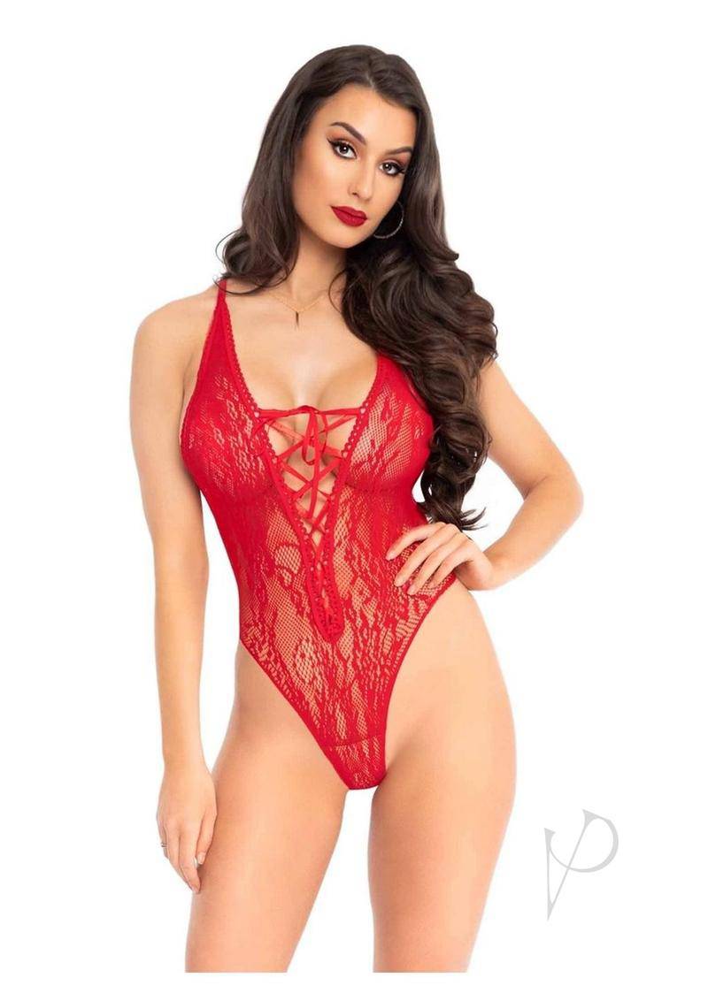 Leg Avenue Floral Lace Thong Teddy with Lace Up Front and Adjustable Cross Over Back Straps - O/S - Red - Chambre Rouge