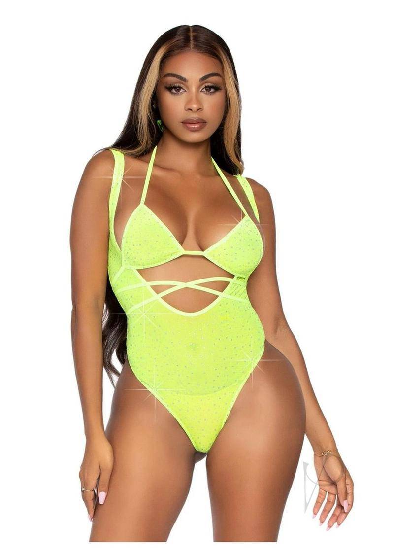 Leg Avenue Rhinestone Mesh Wrap Around Bikini Top and Suspender Bodysuit (2 Piece) - O/S - Yellow - Chambre Rouge