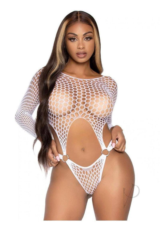 Leg Avenue Long Sleeve Pothole Suspender Top Bodysuit with Thong Back and O-Ring Detail - O/S - White - Chambre Rouge