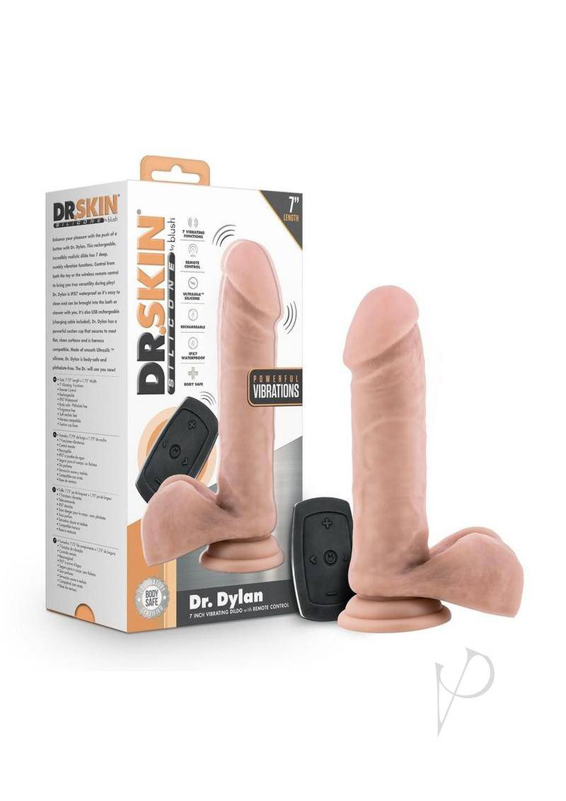 Dr. Skin Silicone Dr. Dylan Rechargeable Vibrating Dildo with Remote Control 7in - Vanilla - Chambre Rouge