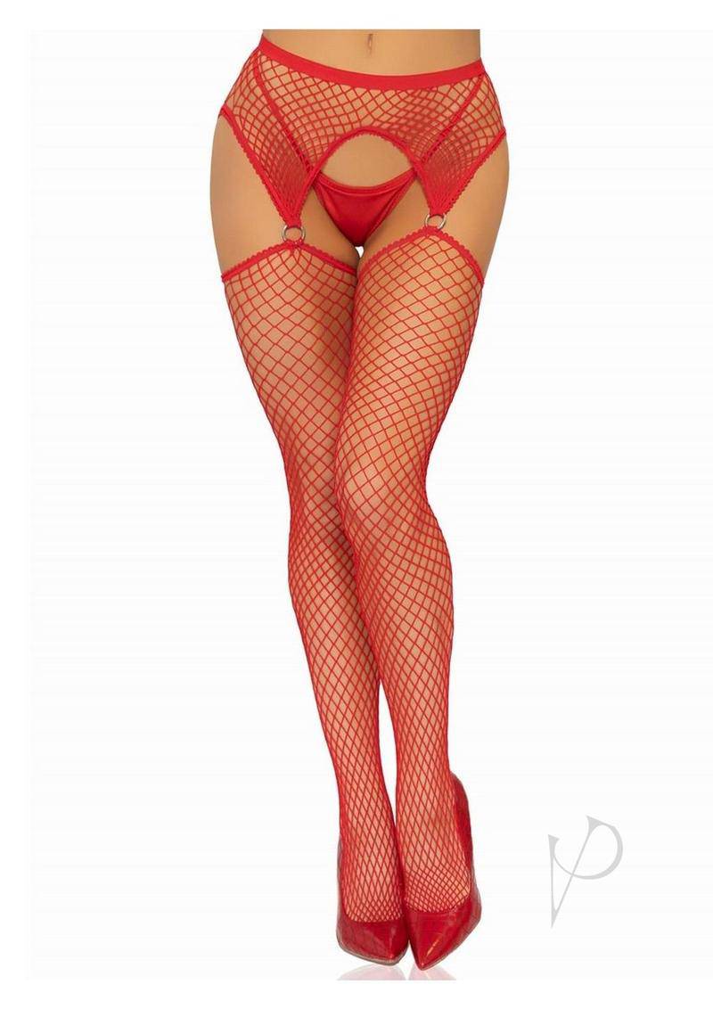 Industrial Net Stockings with O-Ring Attached Garter Belt - O/S - Red - Chambre Rouge