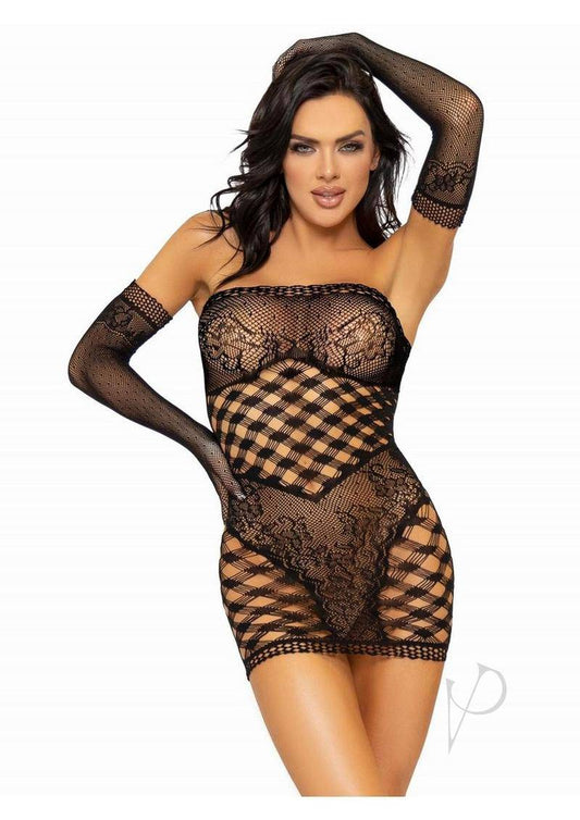 Leg Avenue Hardcore Net Tube Dress with Lace Accent and Matching Gloves (2 Piece) - O/S - Black - Chambre Rouge