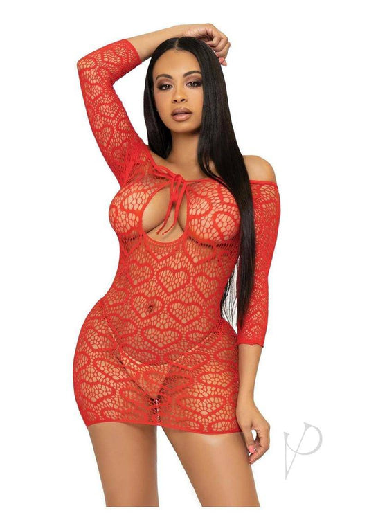 Leg Avenue Seamless Heart Net Mini Dress with Keyhole Tie Front - O/S - Red - Chambre Rouge