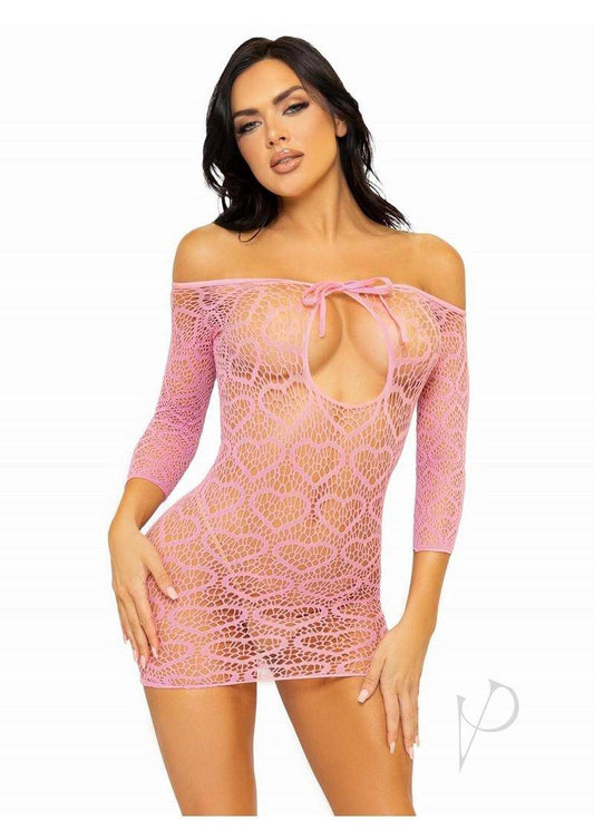 Leg Avenue Seamless Heart Net Mini Dress with Keyhole Tie Front - O/S - Pink - Chambre Rouge