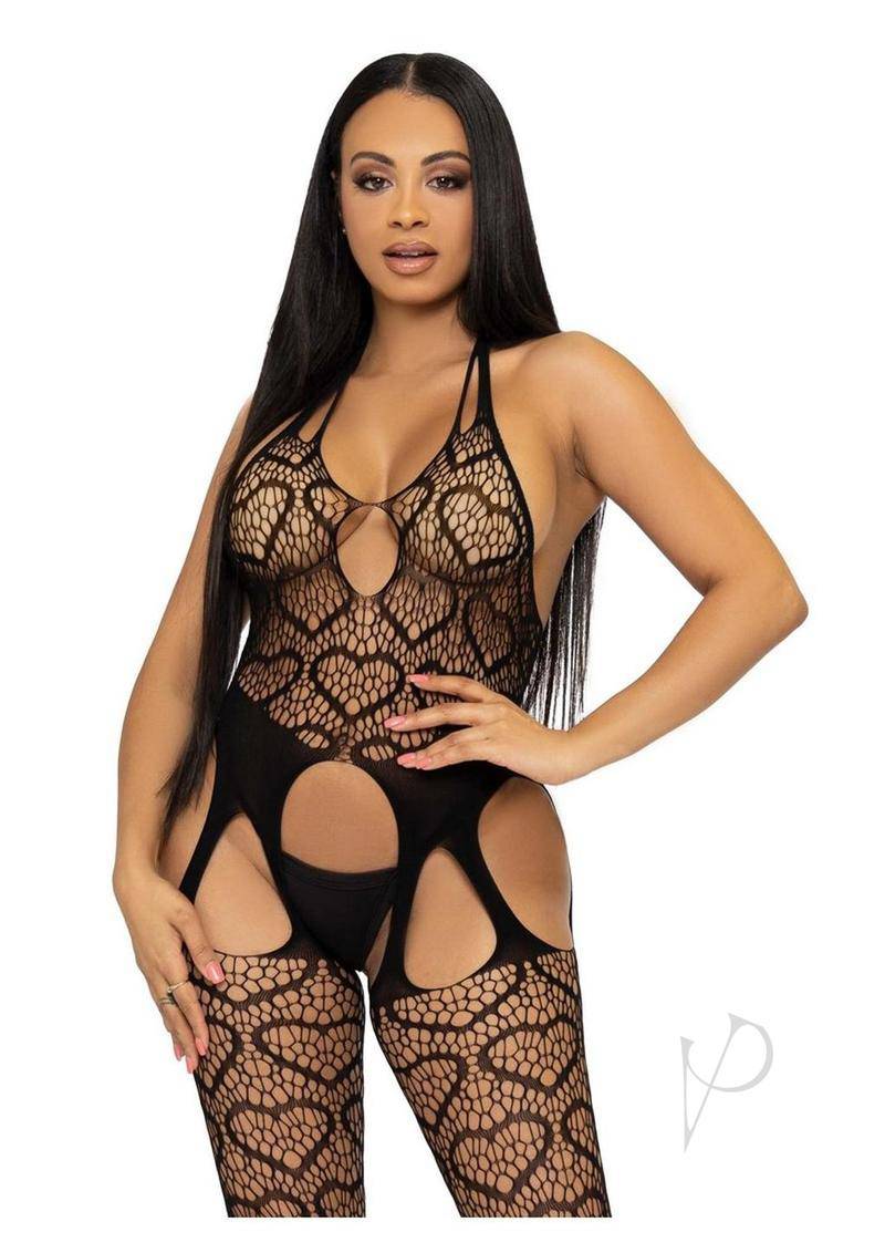 Leg Avenue Seamless Heart Net Suspender Bodystocking - O/S - Black - Chambre Rouge