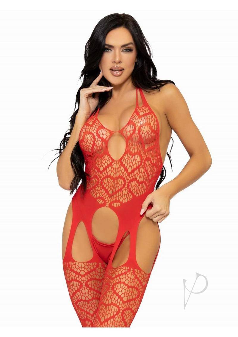 Leg Avenue Seamless Heart Net Suspender Bodystocking - O/S - Red - Chambre Rouge