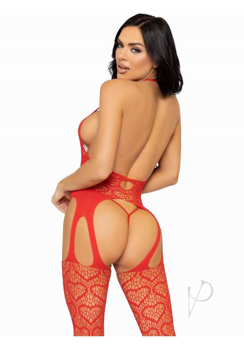 Leg Avenue Seamless Heart Net Suspender Bodystocking - O/S - Red - Chambre Rouge