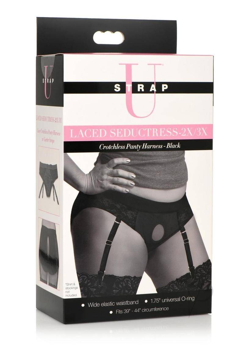 Strap U Laced Seductress Lace Crotchless Panty Harness with Garter Straps - XXLarge/XXXLarge - Black - Chambre Rouge