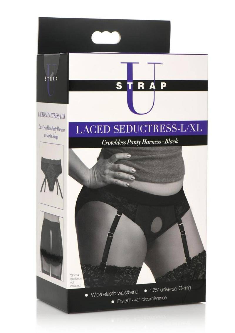 Strap U Laced Seductress Lace Crotchless Panty Harness with Garter Straps - Large/XLarge - Black - Chambre Rouge