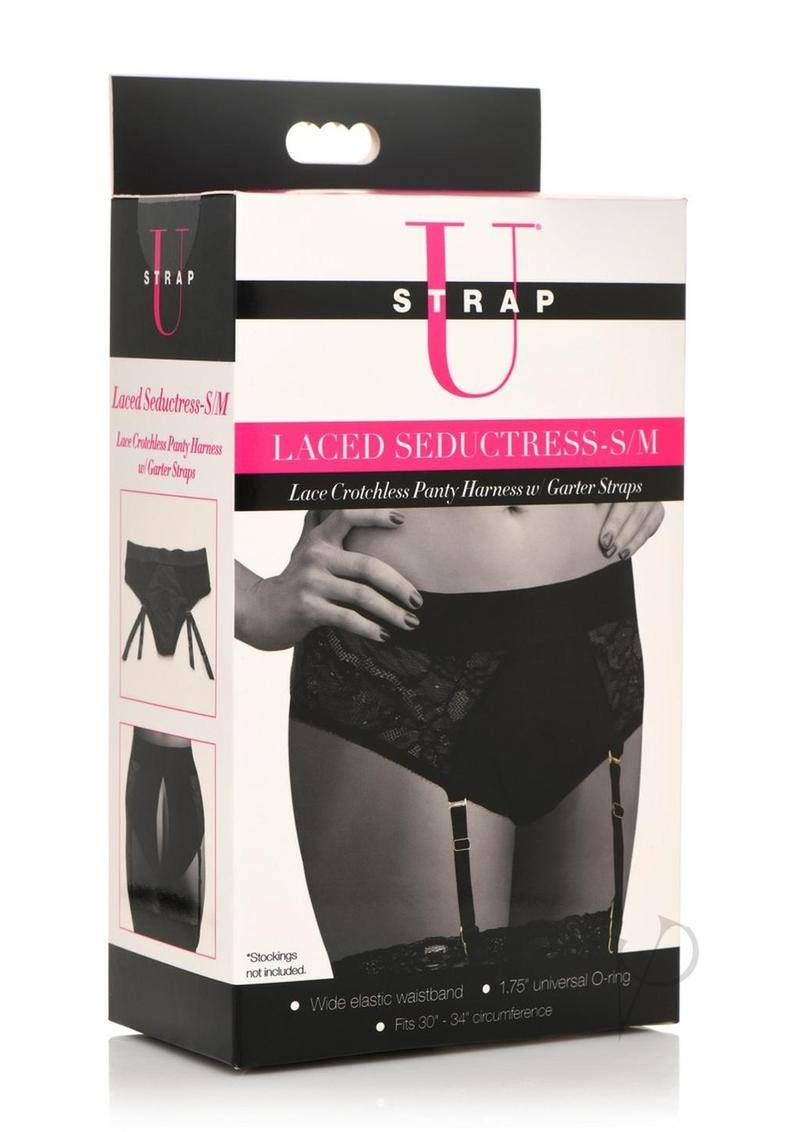 Strap U Laced Seductress Lace Crotchless Panty Harness with Garter Straps - Small/Medium - Black - Chambre Rouge