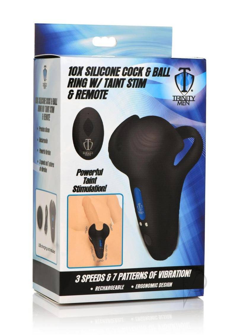 Trinity Men 10X Silicone Cock & Ball Ring with Taint Stim & Remote Control - Black - Chambre Rouge