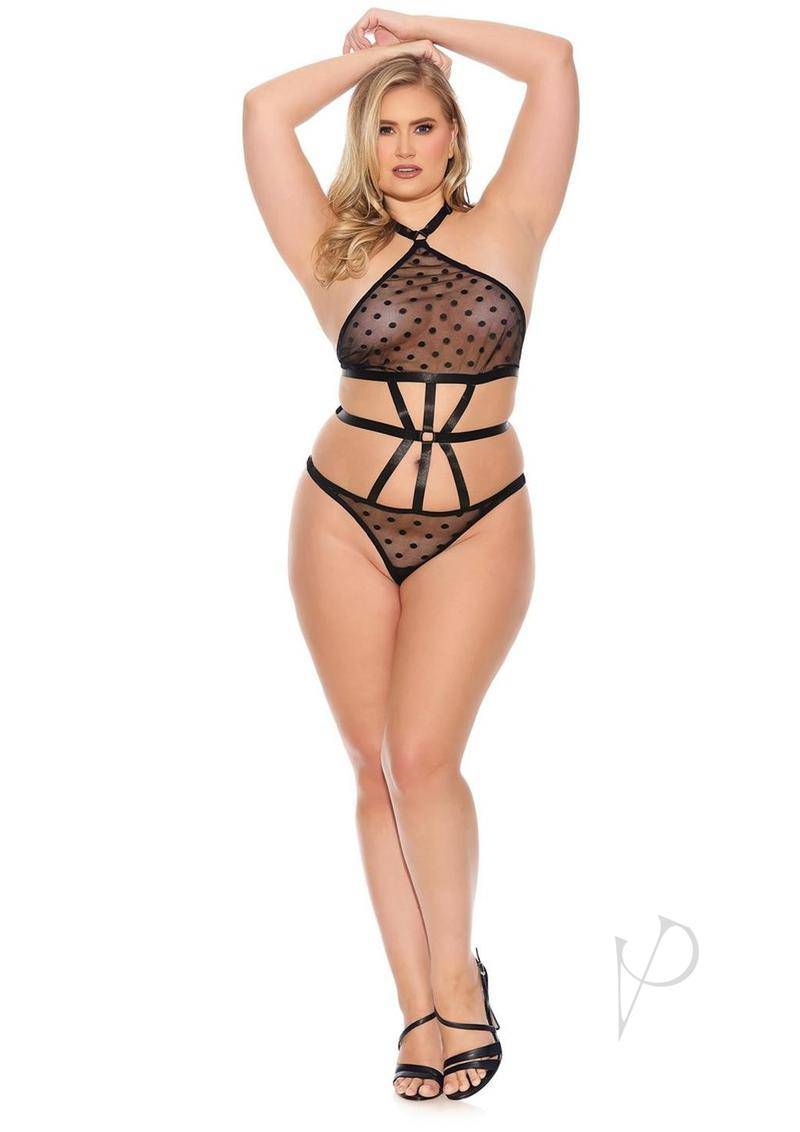 Barely Bare Strappy Halter Teddy - Plus Size - Black - Chambre Rouge