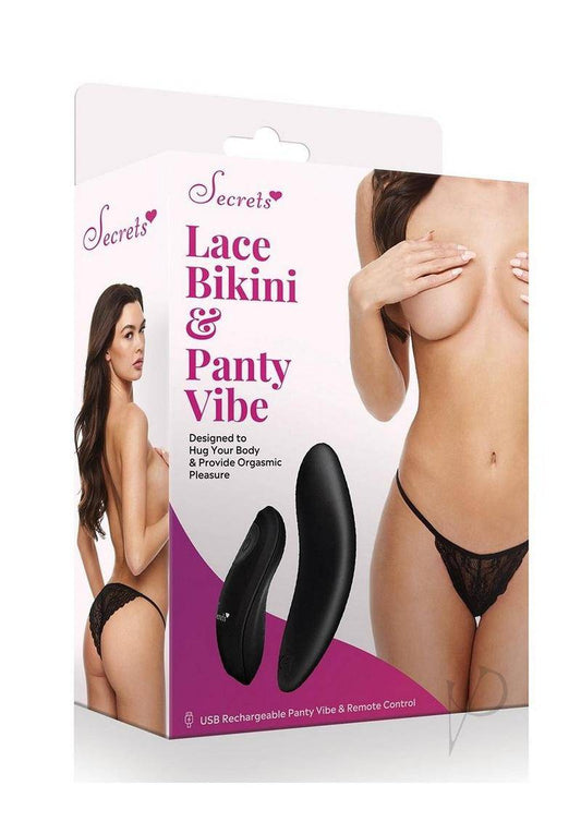 Secrets Lace Panty & Rechargeable Remote Control Panty Vibe - O/S - Black - Chambre Rouge