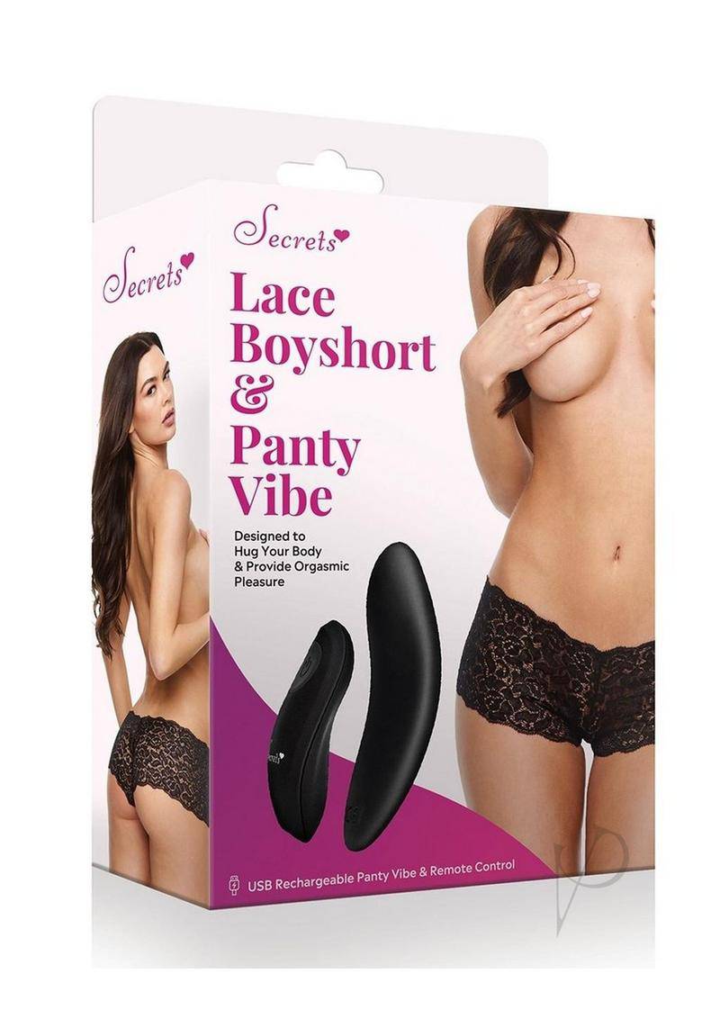 Secrets Lace Boyshort & Rechargeable Remote Control Panty Vibe - O/S - Black - Chambre Rouge