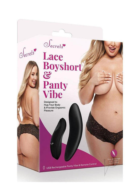 Secrets Lace Boyshort & Rechargeable Remote Control Panty Vibe - Q/S - Black - Chambre Rouge