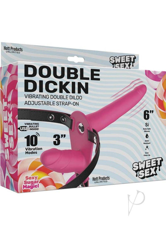 Sweet Sex Double Dickin Vibrating Silicone Double Dildo Strap-On - Pink/Black - Chambre Rouge