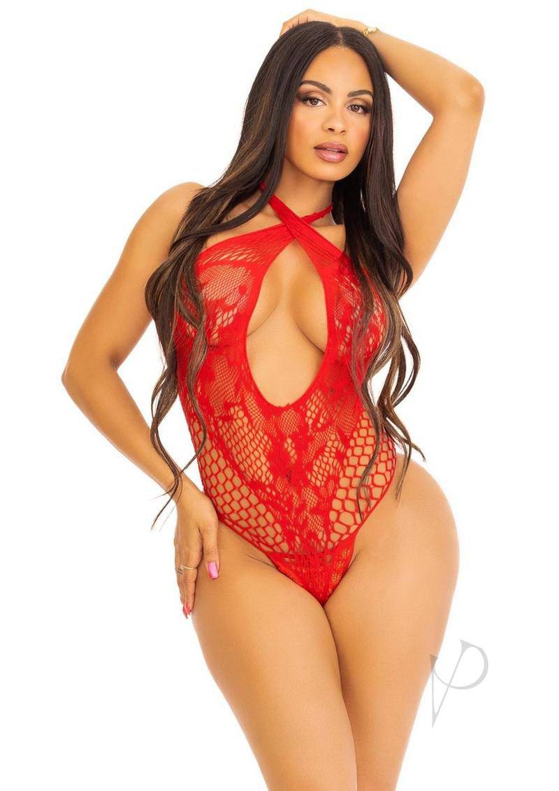 Lace Keyhole Crossover Teddy Os Red-0