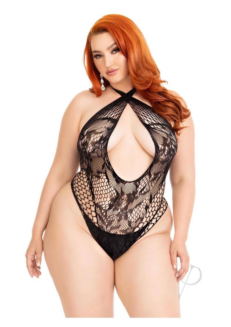 Lace Keyhole Crossover Teddy 1x/2x Blk-0