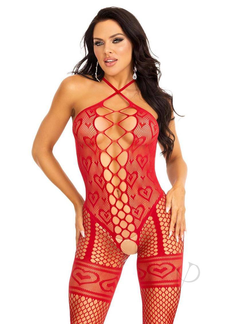 Heart Halter Bodystocking Garter Os Red-0